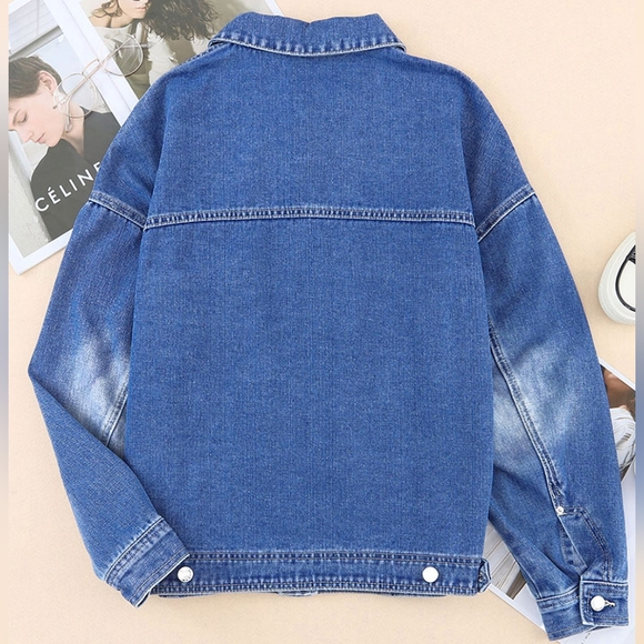 Oversized Denim Jacket Button-Up Collared Retro 90s Boyfriend Heavy Blue Jean - Picture 5 of 16